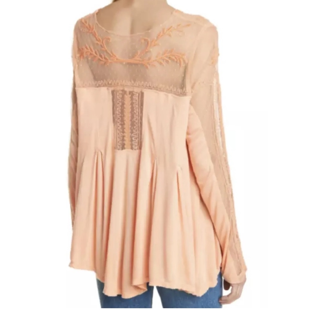 Free People Jojo Embroidered Mixed Media Long Sleeve Top Coral Size Small - Picture 4 of 11